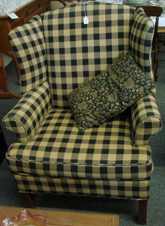 Chinese Chippendale Style Contemporary Living Room: 3pc Contemporary Living Room Set in the Chinese Chippendale Design: Two Wingback Chairs & Matching Sofa by Johnston Bench Works. Auction Estimate $300-500.