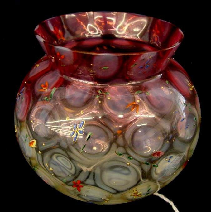 Victorian Art Glass Rose Bowl Cranberry to Clear: Victorian Art Glass Rose Bowl Cranberry to Clear with Opalescent Inverted Coin Dot Decoration and Floral Enamel. Auction Estimate $50-100.