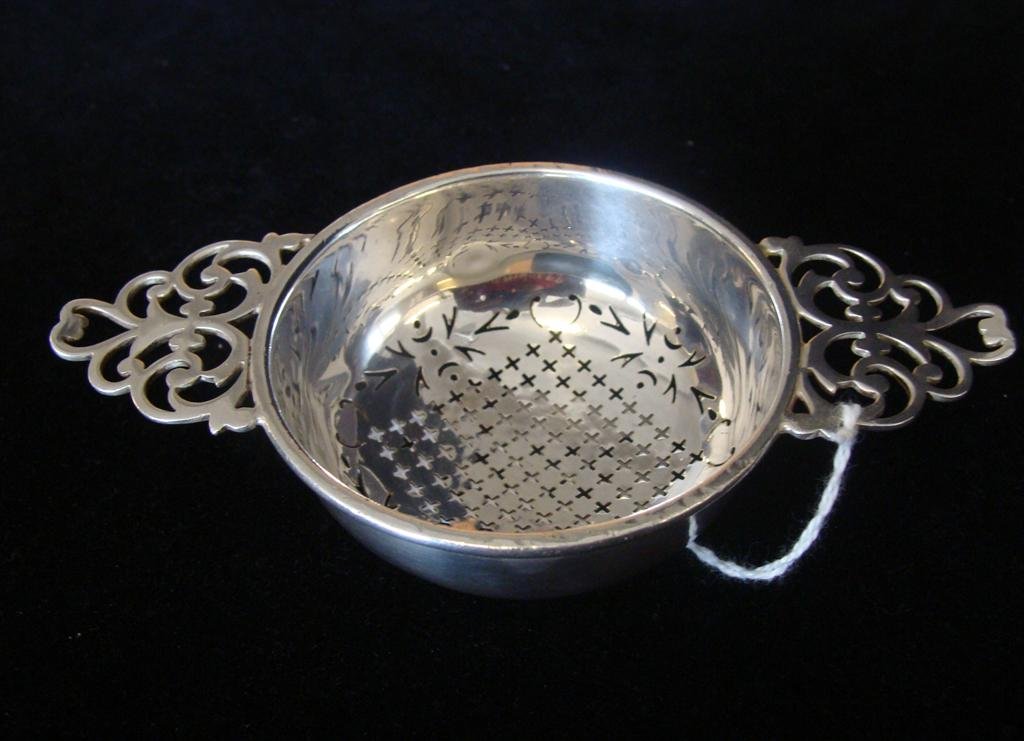 Antique William Adams Sterling Silver Tea Strainer: Exquisite Sterling Silver 2-Handled Tea Strainer by William Adams LTD of Birmingham, England; Circa 1939-1940; 2.75" Diameter & Measures 4 7/8" Long from Handle to Handle; Hallmarked with WA, Anchor, 
