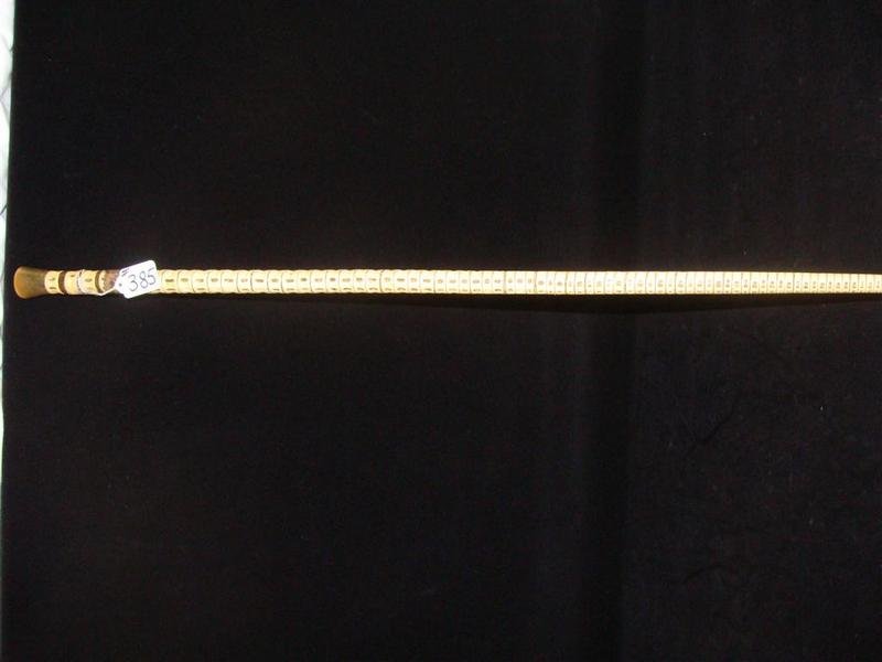 19c Vertebrae Walking Stick w Sterling Silver Band: 19th Century Marine Mammal Vertebrae Walking Stick with Horn Handle & Disk with Sterling Silver Engraved Band: P.R.G. Para Jose. Steel Horn and Tip. Auction Estimate $100-200.