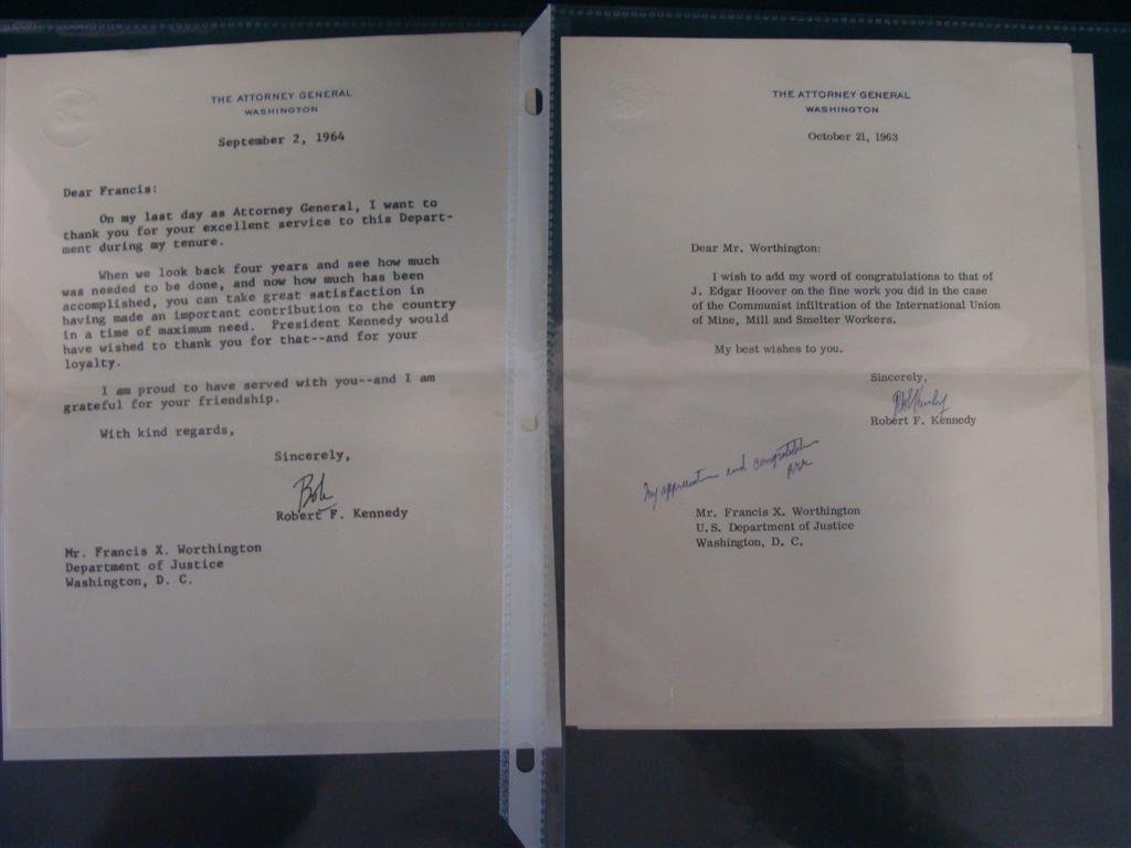 Robert Kennedy Letter to Dept of Justice re J Edga: Signature of Robert F Kennedy Congratulating Dept of Justice Attorney for J Edgar Hoover and His Fine Work in the Communist Infiltration of the International Union of Mine, Mill & Smelter Workers on A