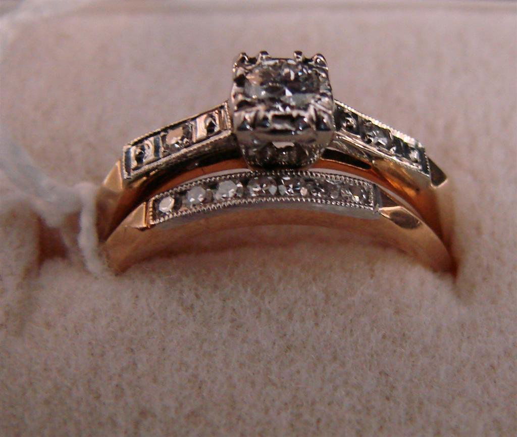 Antique 14K Yellow Gold Diamond Bridal Set; Size 4: Antique 14K Solid Yellow Gold Diamond Bridal Set; Size 4.5; 2.9 Grams. Auction Estimate $300-400.