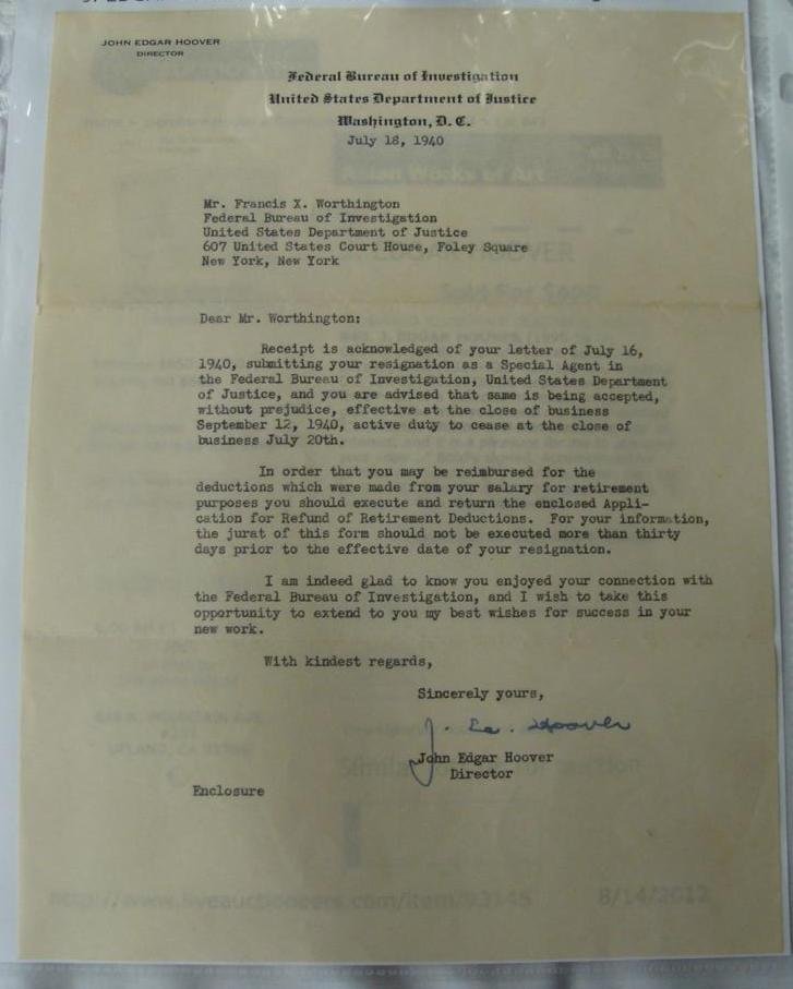 J. Edgar Hoover Letter w Blue Ink Signature on FBI: Original Signature of J. Edgar Hoover in Blue Ink on FBI Letterhead to Field Agent Acknowledging Receipt of his Resignation as Special Agent & How to be Reimbursed for Deductions Made From his Salary,