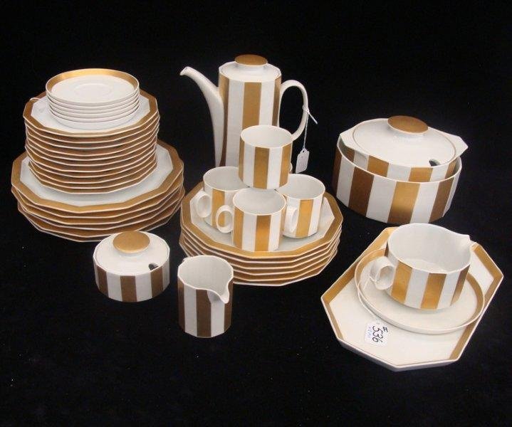 42pc Rosenthal China Studio Line Gold & White w Se: 42pcs Rosenthal China from the Studio Line Retro Pattern of Alternating Panels of Gold & White. 5pc Place Setting Svc for Six with Extras, Coffee Pot, Cups & Saucers, Gravy & More. Auction Estimate $2