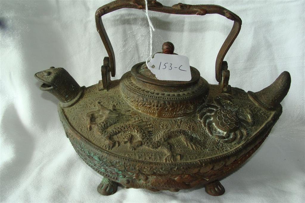 19th Century Bronze Chinese Tea Kettle: 19th Century Chinese Bronze Tea Kettle; Embossed Crabs, Dragons, Snake, Koi & Salamanders with a Hinged Handle & Turtle Head Spout & Tail. Four Footed Base. 5.5" Ht, 11" Wd & 8" Depth. Auction Estimat