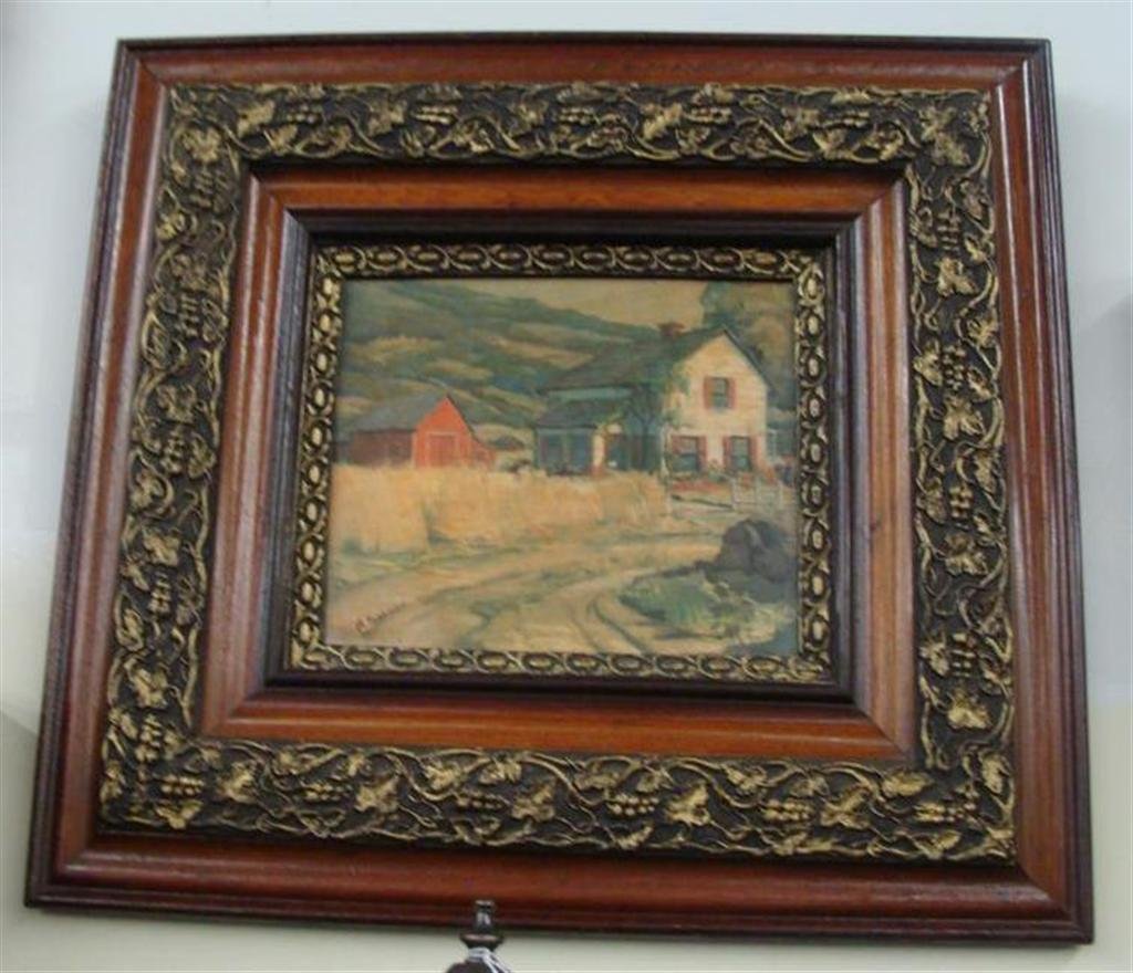 Antique Painting/Print; Artist Signed H. Rushman, Depic: Antique Painting/Print; Artist Signed H. Rushman, Depicts Countryside Farmhouse with Barn & a Mountainous Landscape in Background. Framed Under Glass in a Shadow Box Frame Decorated with Grape & Vine.