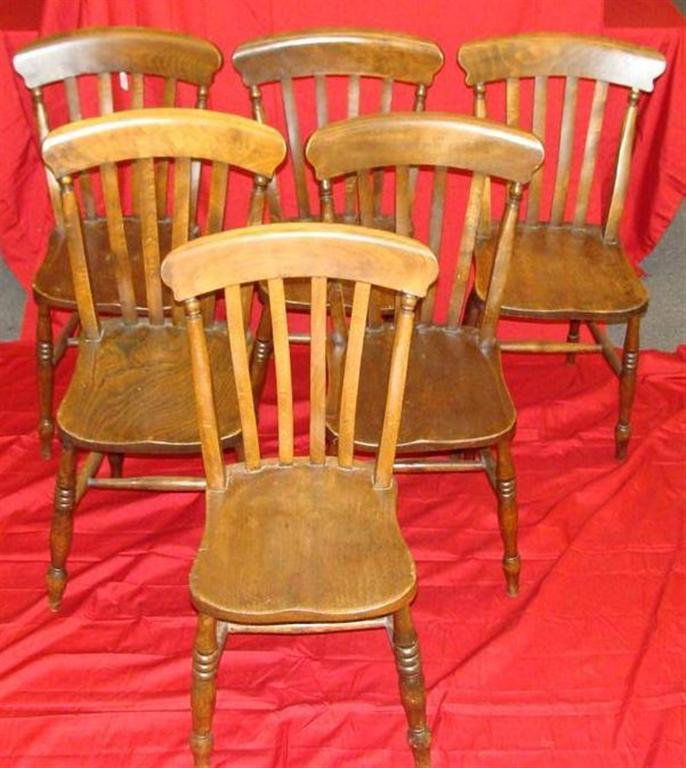 6 Antique Slat Back Hickory Dining Chairs with Shaped S: 6 Antique Slat Back Hickory Dining Chairs with Shaped Slat Backs & Plank Seats on Ring Turned Legs & Cross Stretcher Base. Auction Estimate: $300-400.