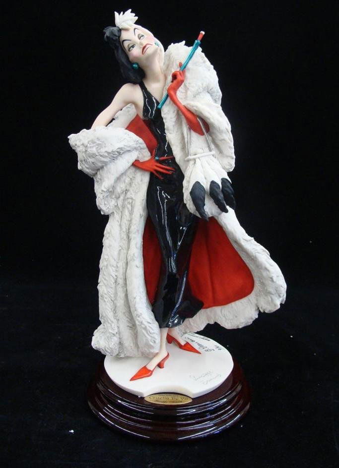 Giuseppe Armani Figurine: Cruella De Vil #1503C. Ltd Ed: Giuseppe Armani Figurine: Cruella De Vil #1503C. Ltd Ed #98/750. Artist Signed Giuseppe Armani. Depicts Cruella De Vil in Fur Coat with Cigarette in Long Holder in her Hand. 14" Ht. Box & COA Auction
