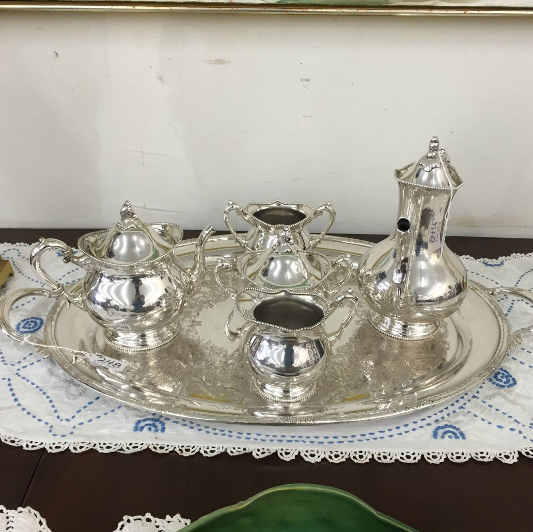6pc Silver Tea Set: Incl Tea & Coffee Pot, etc.: 6pc Silver Tea Set: Includes Teapot, Coffee Pot, Creamer, Sugar, Waste bowl & Tray; by Ocean City Silver Co, OH. Quadruple Silver 999. Auction Estimate: $200-400.