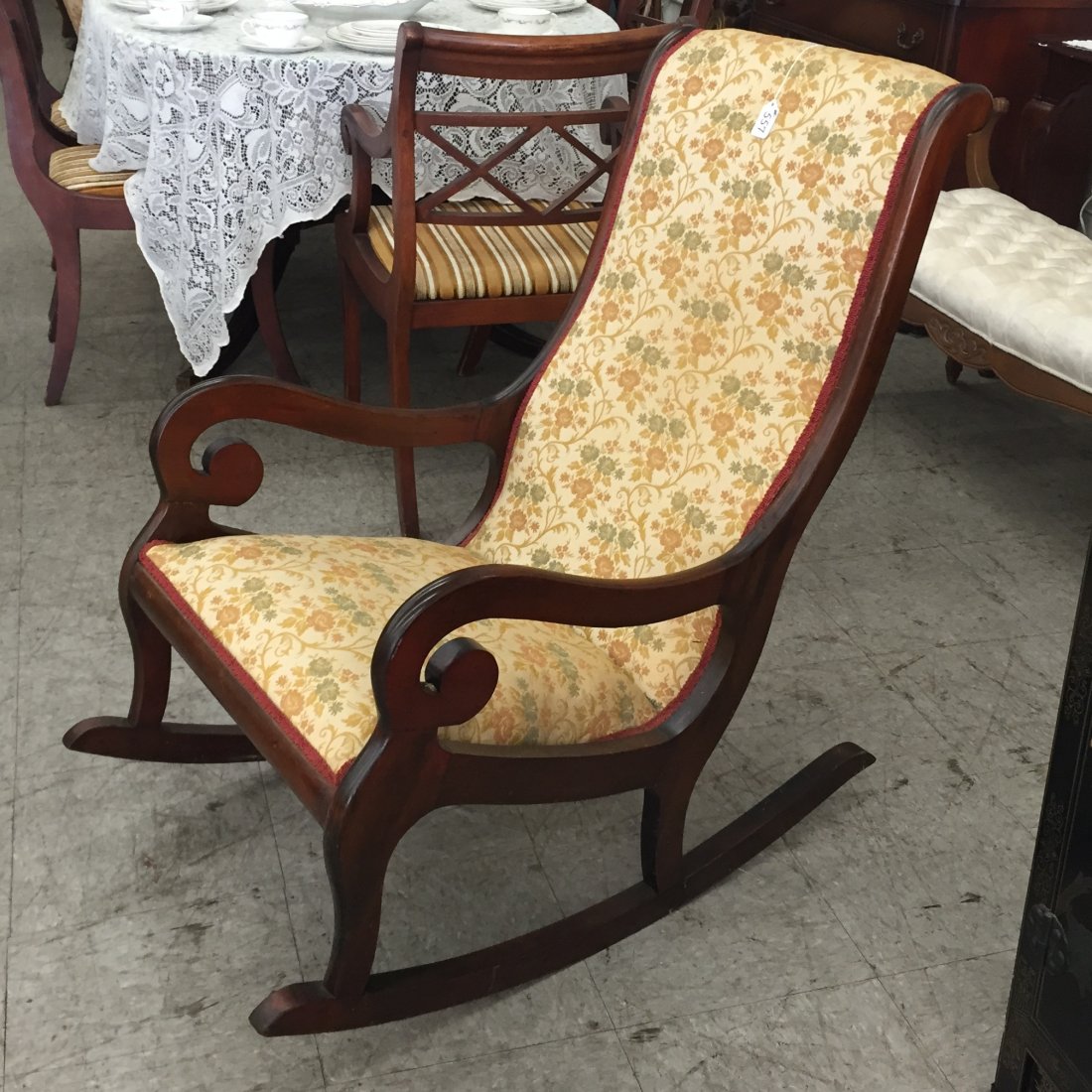 19c Lincoln Rocking Chair with Upholstered Seat & Back: 19th Century Lincoln Rocking Chair with Upholstered Seat & Back. Auction Estimate: $100-200.