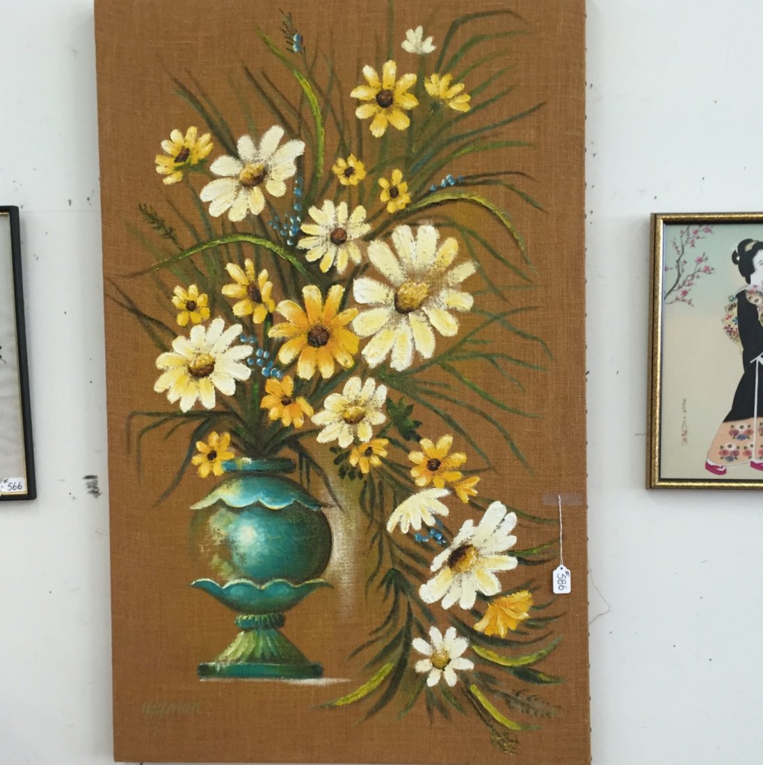 Large Oil on Burlap Floral Still Life by Listed Artist,: Large Oil on Burlap Floral Still Life by Listed Artist, Dorothy Churchill Wyman, Depicts Ball Formed Vase with Large Floral Arrangement; Signed Lower Left; Wyman. 48 x 30". Auction Estimate: $200-300.