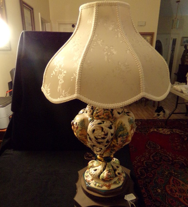 Capodimonte Lamp w Figures & Florals: Capodimonte Lamp having pierced design with all over figurals & florals.