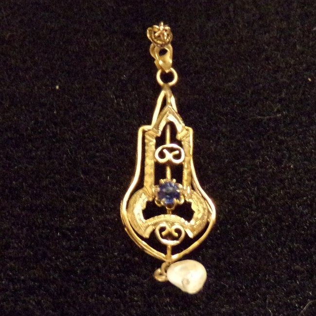 Antique 10k Gold Sapphire Art Deco Lavalier: 10k Antique Art Deco Lavalier. A Gorgeous 10k Yellow Gold Lavalier With A Blue Sapphire Stone And A Baroque Pearl Dangle. Length approx 1.25" without bale.