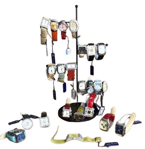 (24) K & Bros decorative watches: (24) K & Bros decorative watches, ranging from everyday to dress-up with faux alligator, rubber and faux-leather bands, some with beveled and encrusted faces, adjustable sizes