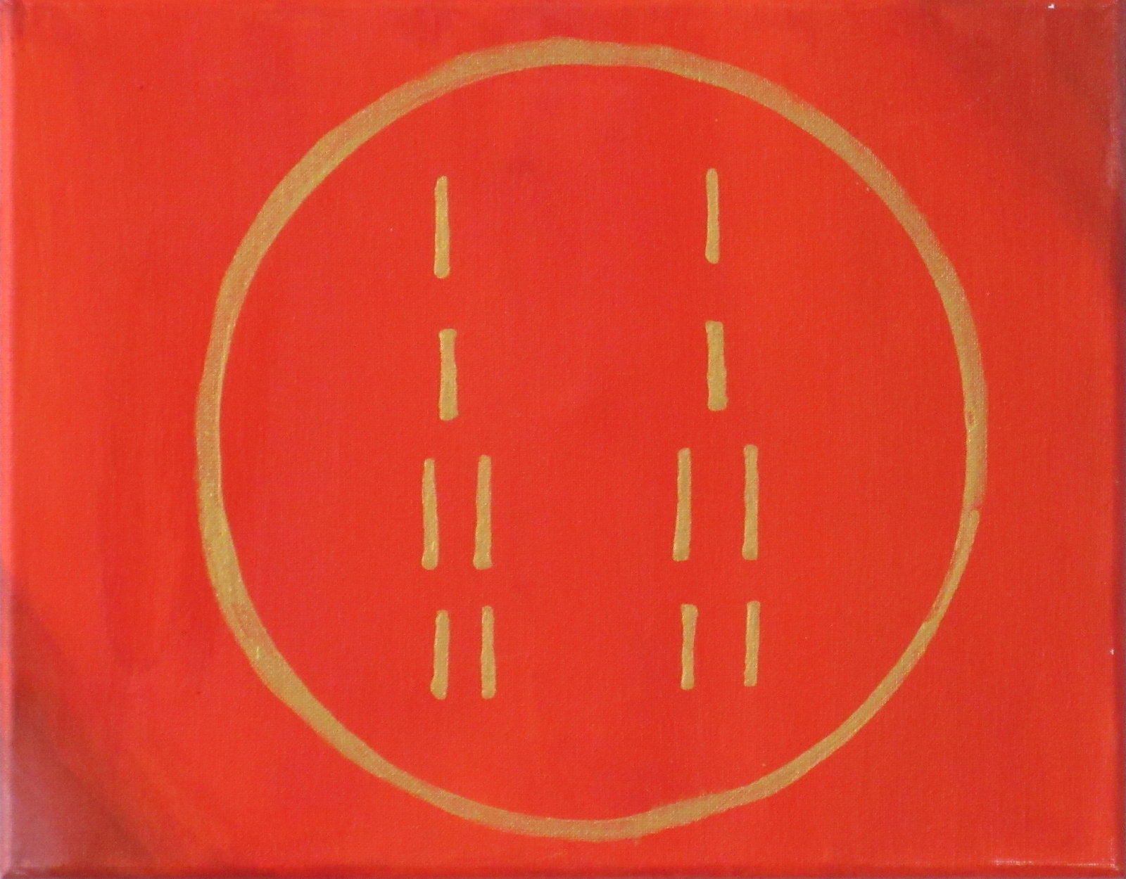 Ìrosùn Méjì: This painting represents Hexagram 19 of the I Ching, called Approach (? - Lín), which corresponds to the Odù Ìrosùn Méjì (or Irosun Meji) in the Yoruba tradition of Ifá.Against this vibrant