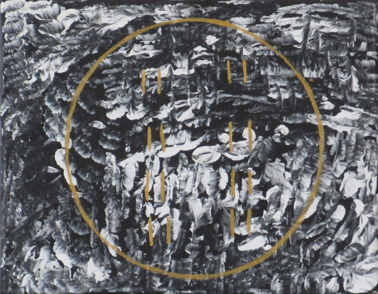 Ìwòrì Méjì (Fù): This painting represents Hexagram 24 of the I Ching, called Return (? - Fù), which corresponds to the Odù Ìwòrì Méjì (or Iwori Meji) in the Yoruba tradition of Ifá.Against this textured