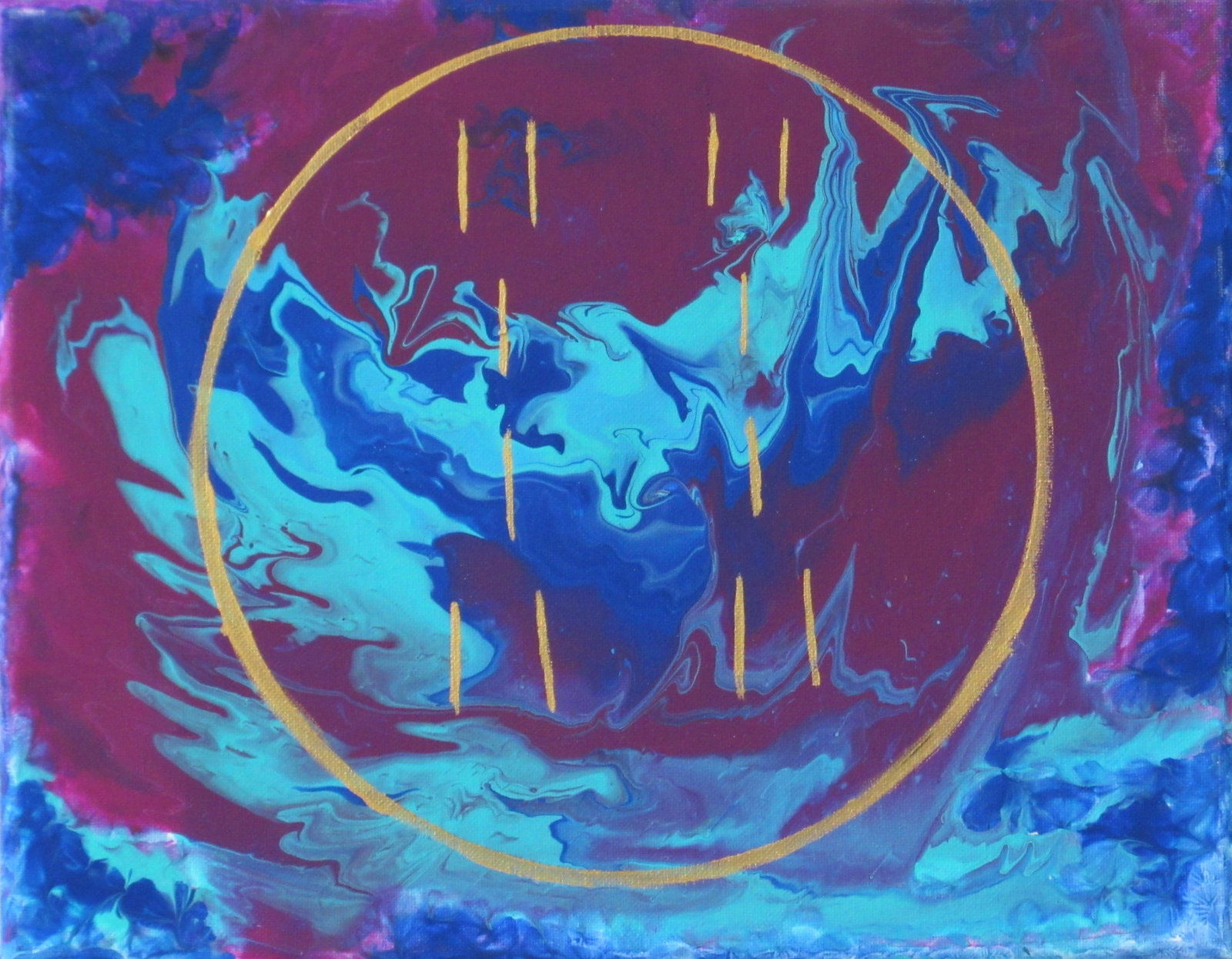 Òdí Méjì (Yù): This painting represents Hexagram 16 of the I Ching, called Enthusiasm (? - Yù), which corresponds to the Odù Òdí Méjì (or Odi Meji) in the Yoruba tradition of Ifá.Against this fluid