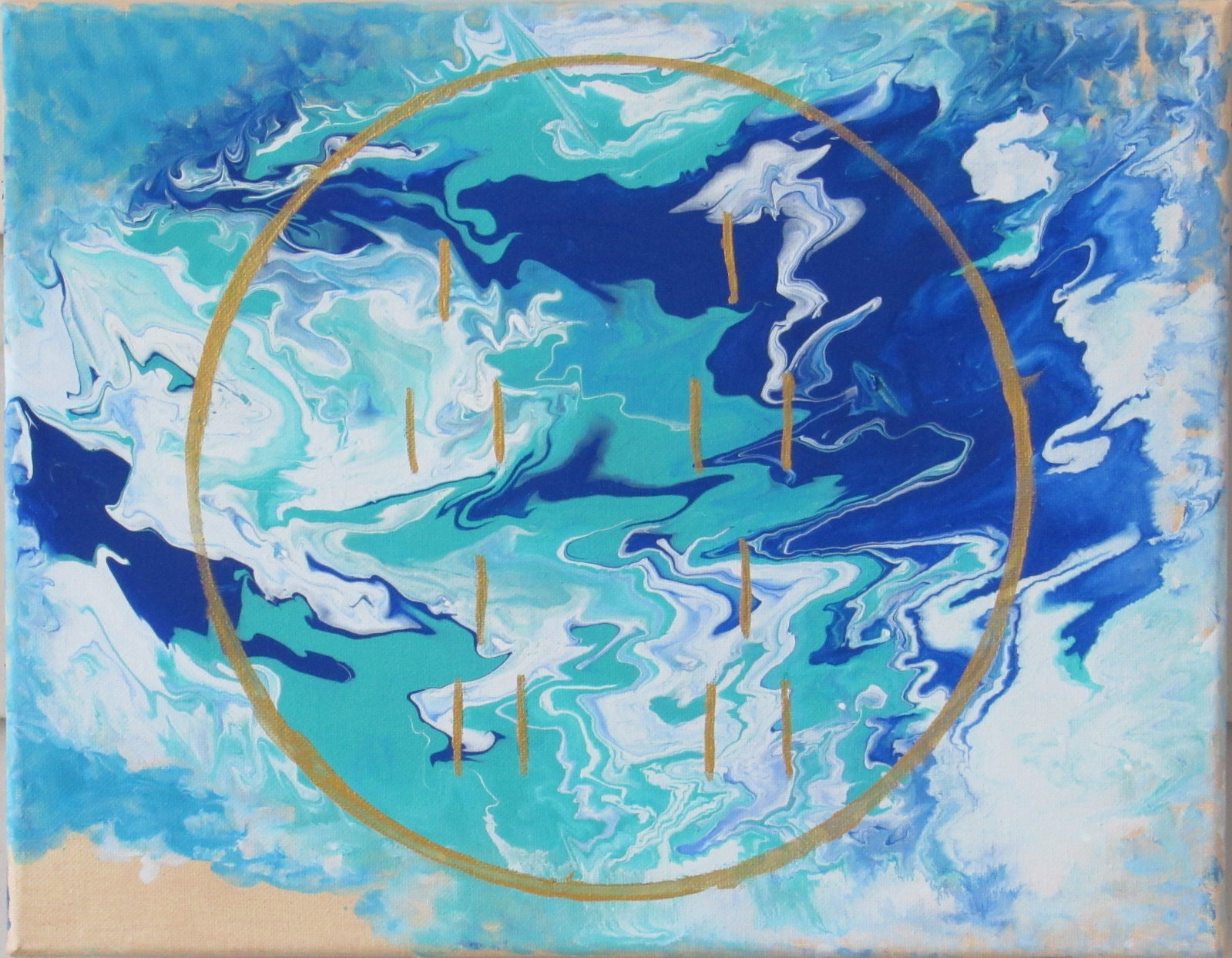 Òsé Méjì: Description:Original abstract acrylic painting on canvas featuring the sacred Odu Ò?é Méjì within a golden circle, surrounded by flowing shades of blue, turquoise, and white. The composition