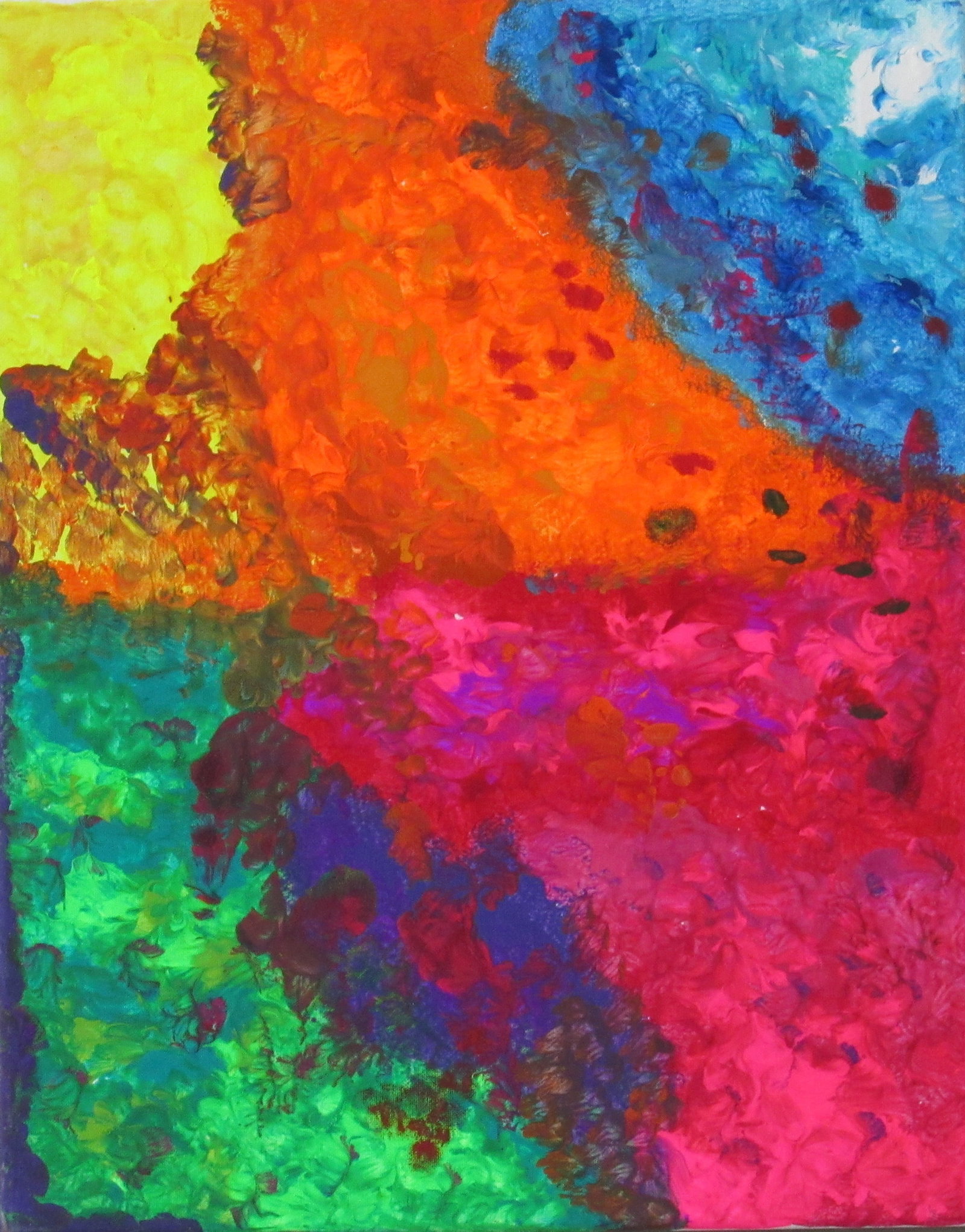 Vibrant Horizon: A richly textured abstract painting filled with bold areas of orange, blue, pink, green, and yellow. The layered colors and organic forms create a vibrant sense of movement and depth, suggesting an