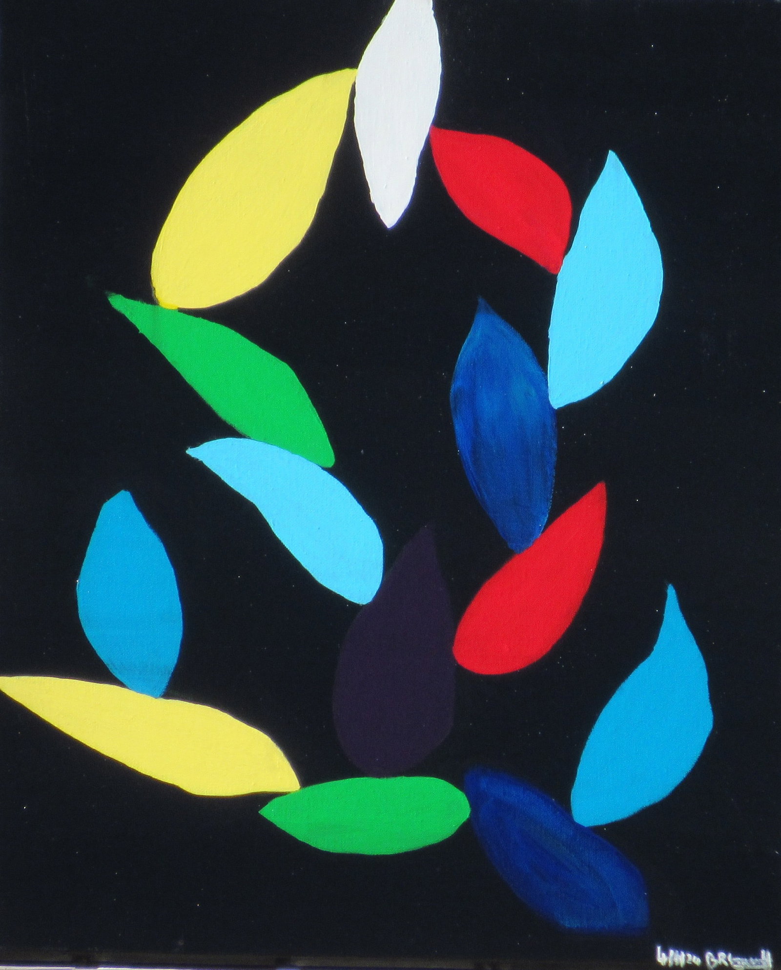 Petals in Motion: A striking abstract composition set against a deep black background, featuring a circular arrangement of vivid leaf-like forms in yellow, white, red, green, blue, and turquoise. The bold contrast and