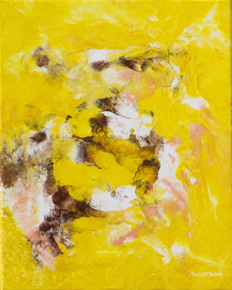 Solar Veil: A luminous abstract painting dominated by radiant yellow, layered with flowing touches of white, soft pink, and earthy brown. The fluid textures and cloud-like forms create a sense of warmth,