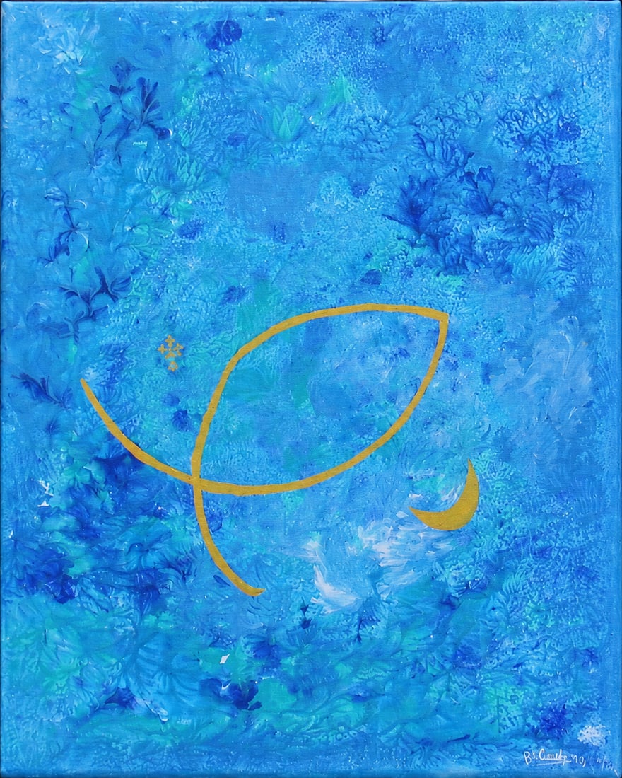 Yemaya Assesu — Guardian of the Still Waters: A spiritual abstract composition inspired by the sacred symbol of Yemaya Assesu. Flowing shades of blue and turquoise evoke the depth, mystery, and healing presence of water, while the golden symbol