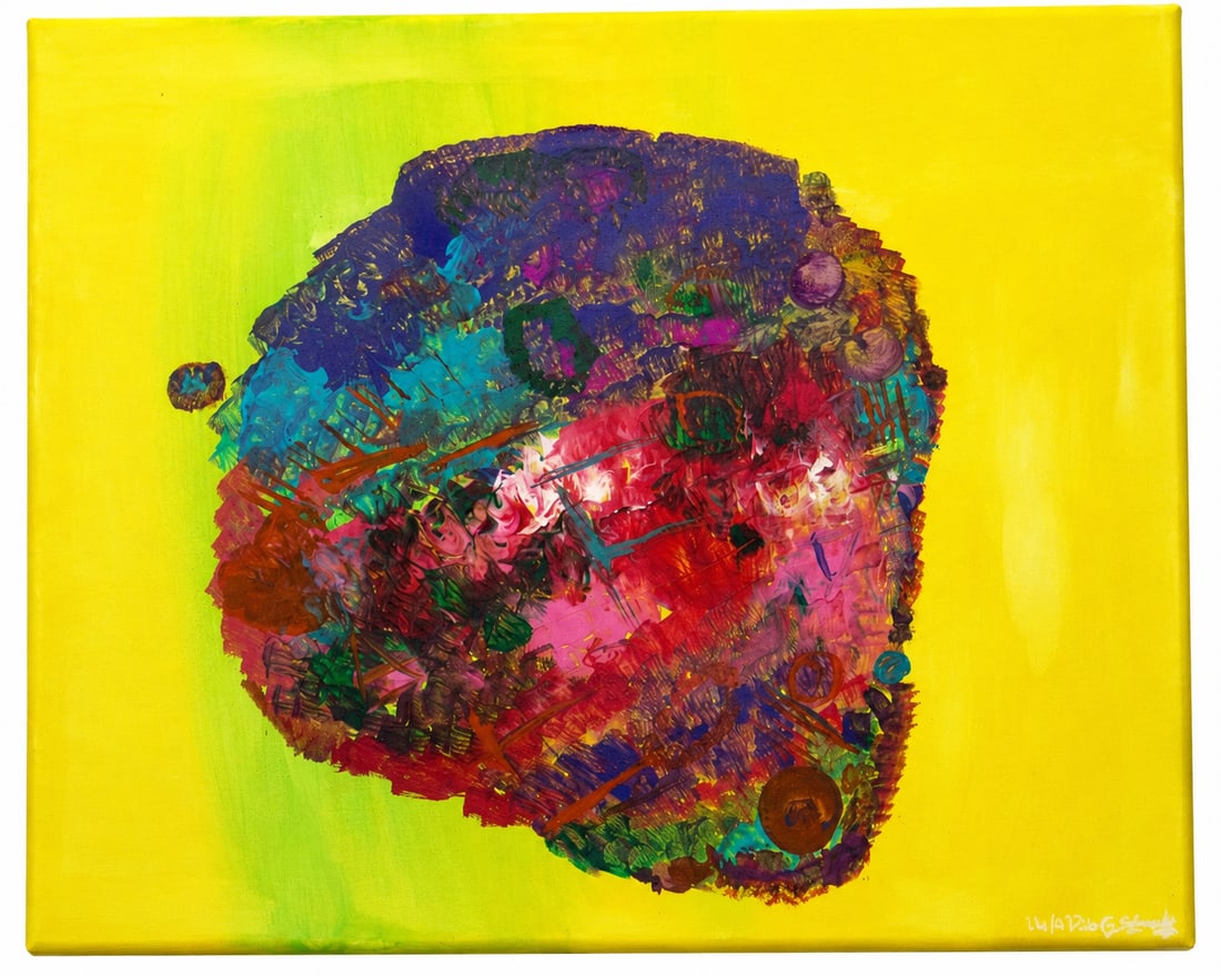 Inner Universe: A vibrant abstract composition centered on a dense, textured form filled with layers of turquoise, purple, red, pink, green, and deep blue, set against a luminous yellow and lime background. The