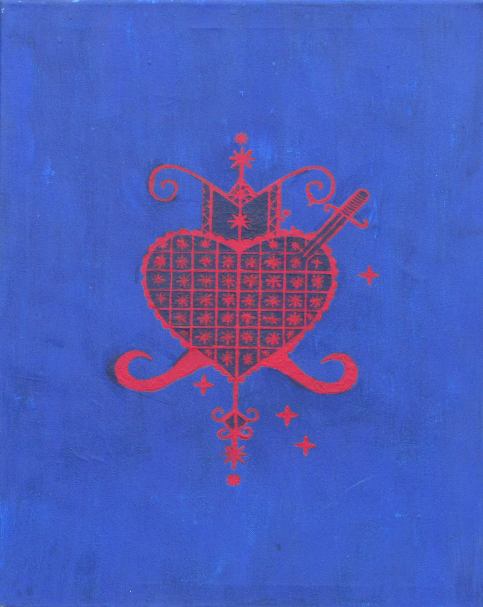 The Heart of Erzulie Dantor: This spiritual composition highlights the sacred symbol of Erzulie Dantor, represented by a heart crossed with ritual elements against a deep blue background. The contrast between red and blue evokes