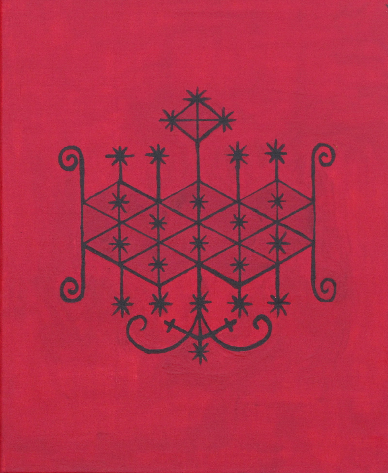 Ogou — Strength and Sacred Fire: Centered on the sacred veve of Ogou, this work expresses power, courage, and the spirit of the warrior. The intense red background reinforces the energy of fire, blood, willpower, and action, while
