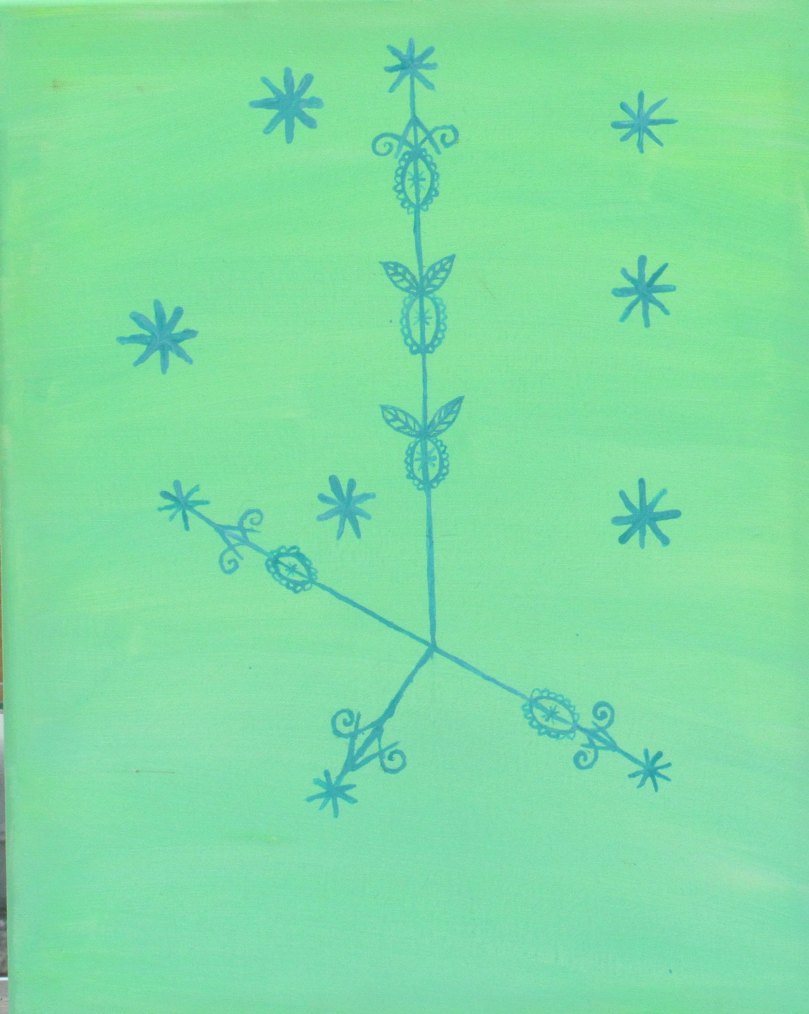 Philomise — Path of Grace: A spiritual composition inspired by the sacred symbol of Philomise. Painted in soft green and turquoise tones, the work evokes renewal, serenity, and spiritual growth. The delicate blue lines rise