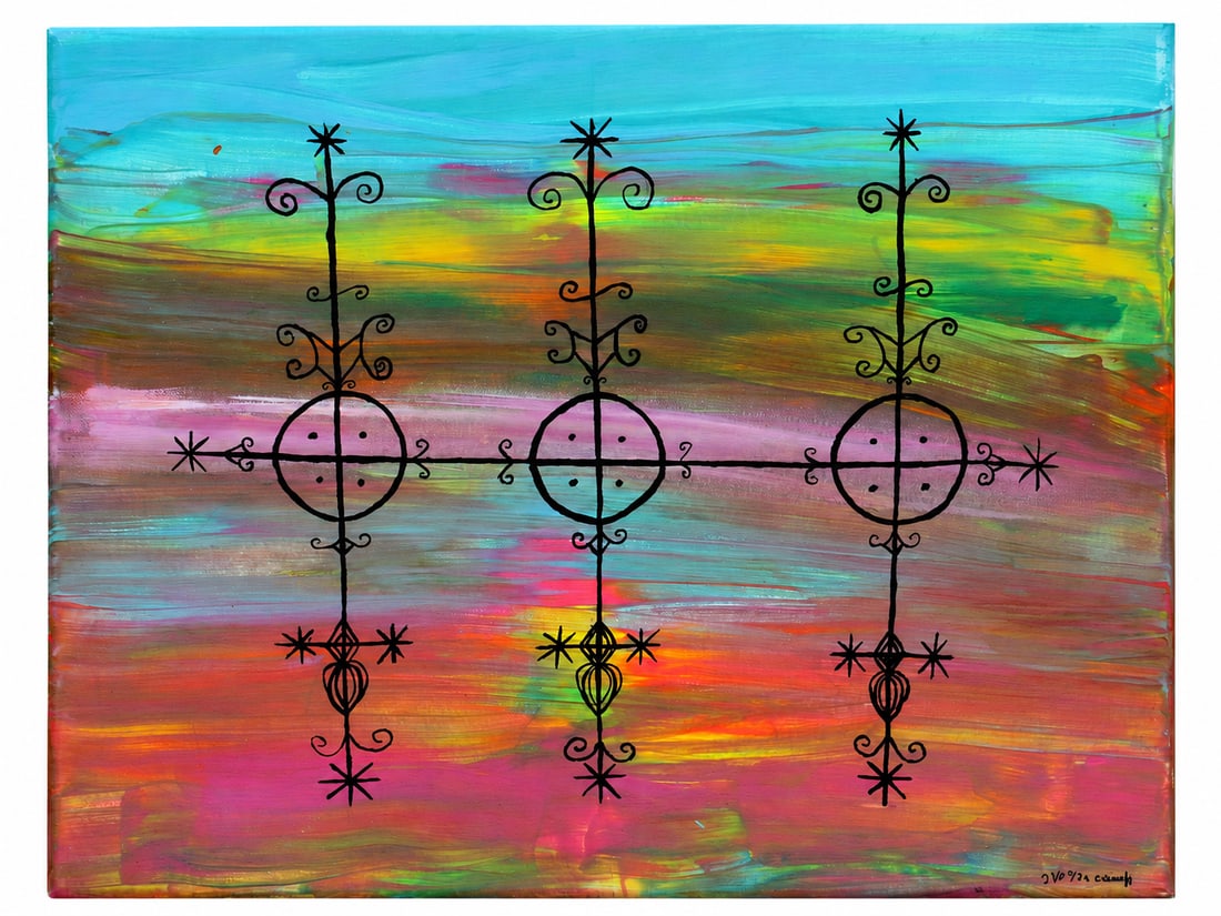 Marrassa — Sacred Twins: This spiritual composition is inspired by the sacred symbol of the Loas Marrassa, the divine twins in Haitian Vodou. The three aligned forms suggest balance, duality, union, and the mysterious bond
