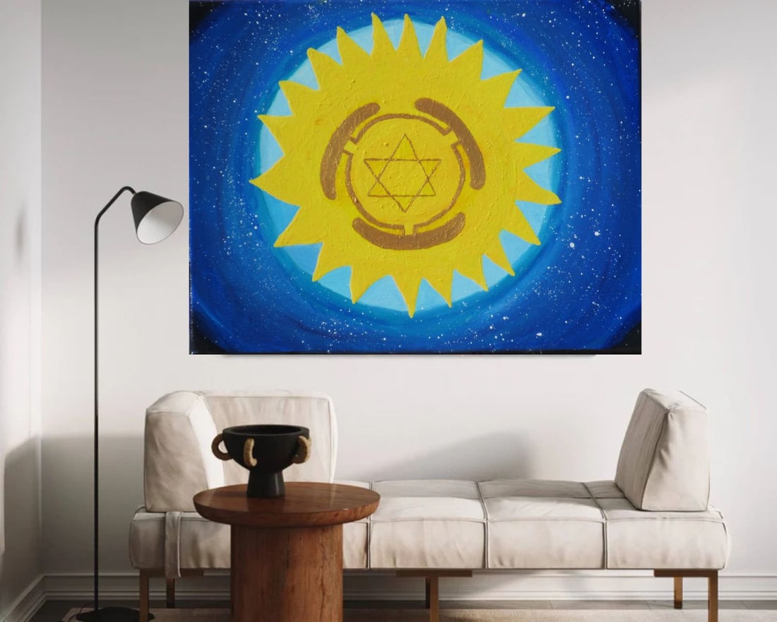 The Cosmic Wheel of Hecate / Union of the Universe: Original symbolic acrylic painting on canvas inspired by Hecate, celestial imagery, and themes of spiritual passage. A luminous golden solar form dominates the composition, surrounded by a deep blue,