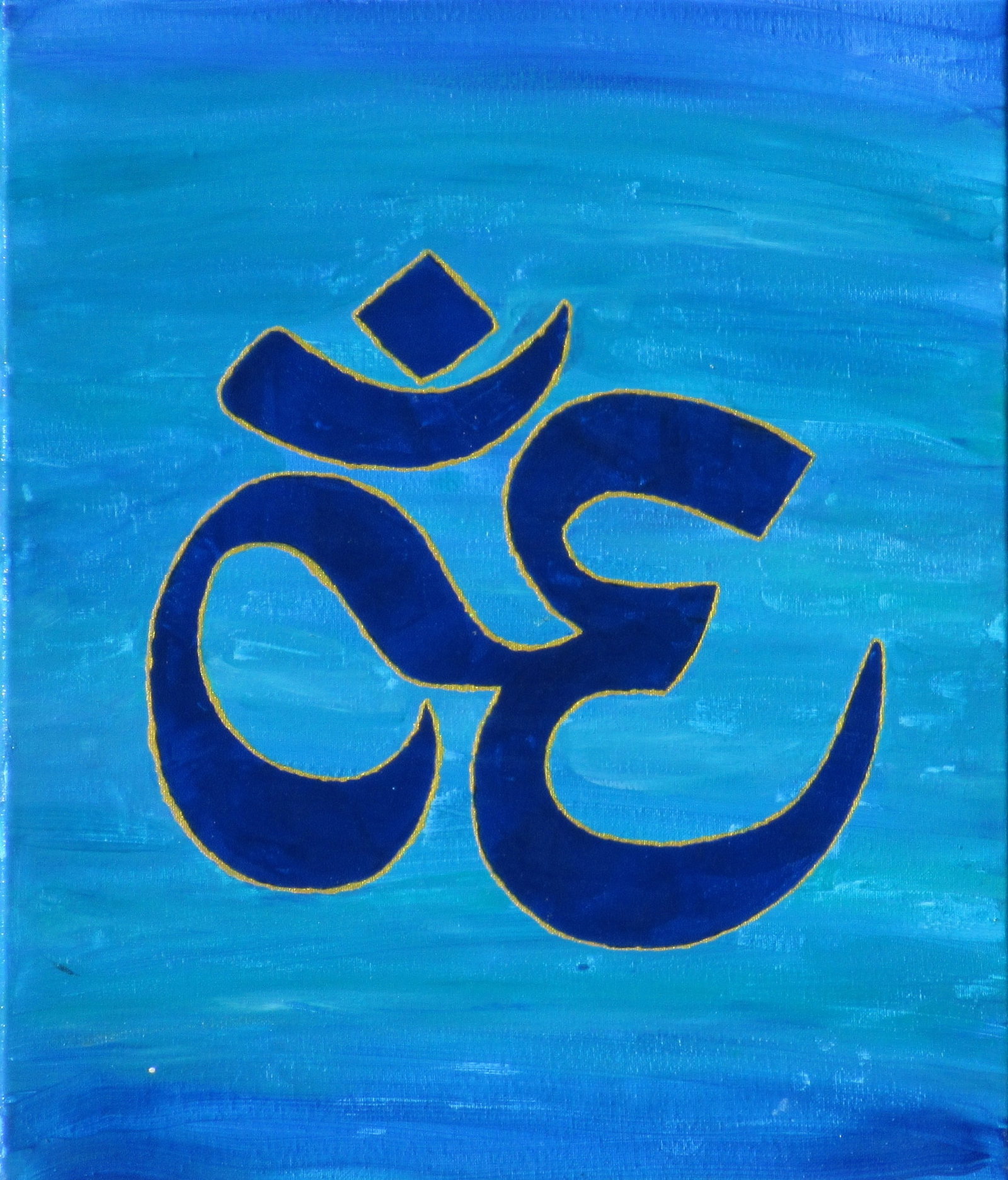 Om of Serenity: Original acrylic painting on canvas featuring the sacred Om symbol in deep blue with gold accents against a luminous turquoise background. The composition evokes peace, spirituality, meditation, and