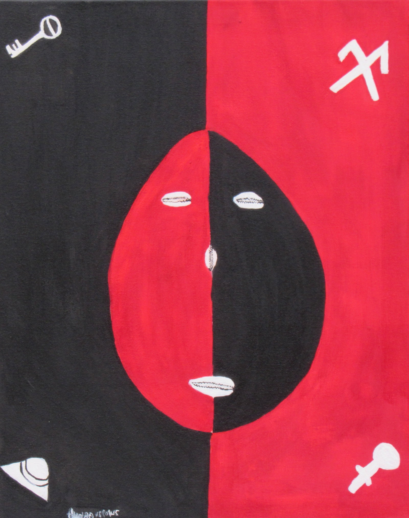 Guardian of the Crossroads: Original acrylic painting on canvas featuring a striking red-and-black composition with a central symbolic face, cowrie shells, and spiritual motifs. The work explores duality, protection, choice,