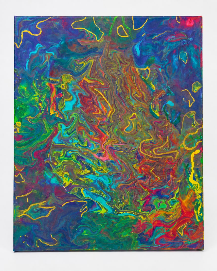 Vibrant Convergence: Original abstract acrylic painting on canvas featuring flowing layers of vivid blue, green, red, yellow, and turquoise. The swirling composition creates a powerful sense of movement, energy, and
