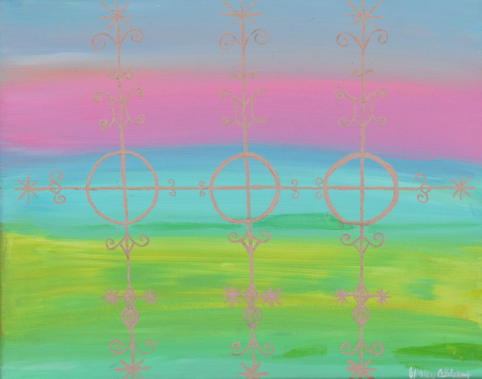 Marassa — Sacred Trinity: Original Afro-Caribbean inspired acrylic painting featuring three repeated spiritual symbols over a soft, vibrant field of pink, turquoise, green, and blue.Original Acrylic Painting on Canvas — 16