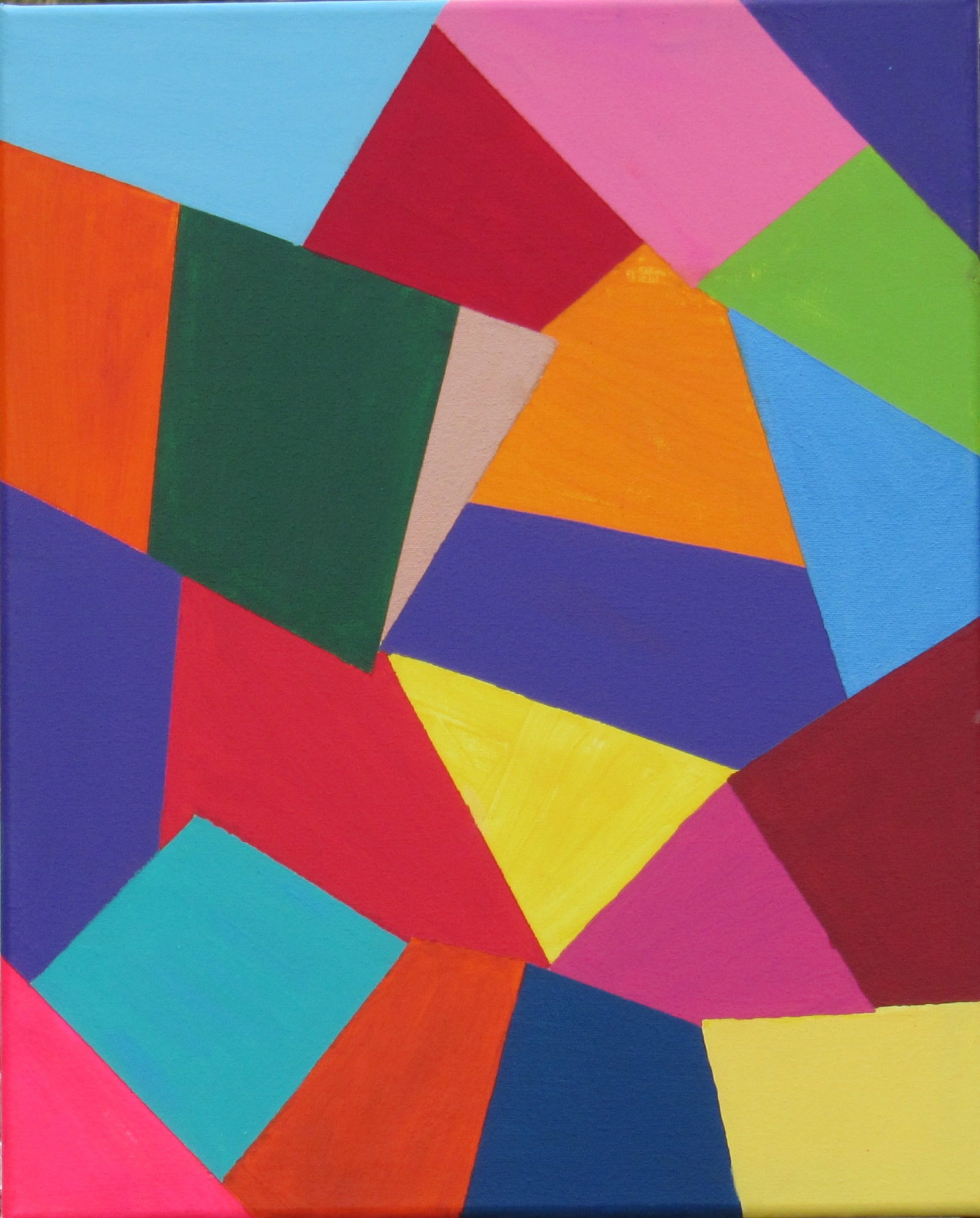 Chromatic Fragments: Original abstract acrylic painting on canvas featuring bold geometric forms and vibrant colors. The overlapping shapes create a dynamic composition filled with movement, contrast, and energy.Original