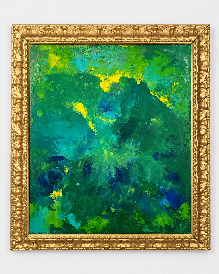 Emerald Sanctuary: This immersive composition evokes a natural and spiritual sanctuary where colors seem to breathe and transform. Deep greens symbolize growth, healing, and grounding, while touches of turquoise and