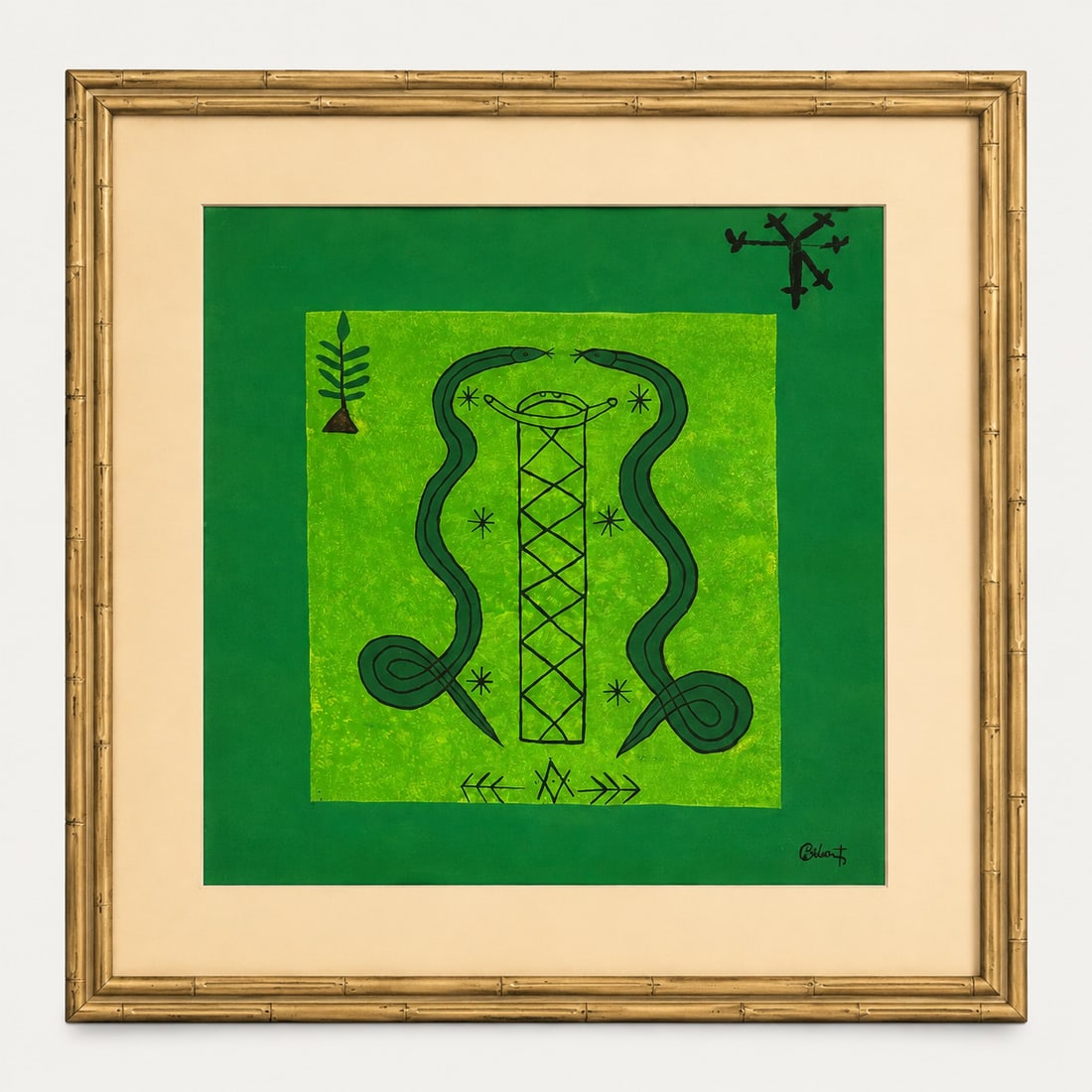 The Sacred Path of Damballa: This work evokes the mystical presence of Damballa, the great serpent spirit associated with ancestral wisdom, purity, peace, and spiritual elevation. The two serpents framing the composition recall