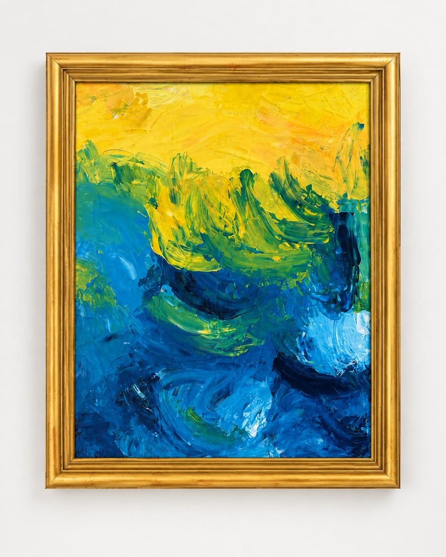 Golden Horizon: Golden Horizon evokes the meeting between light and depth. The luminous yellows in the upper part suggest illumination, hope, and the presence of a higher energy, while the deep blues evoke