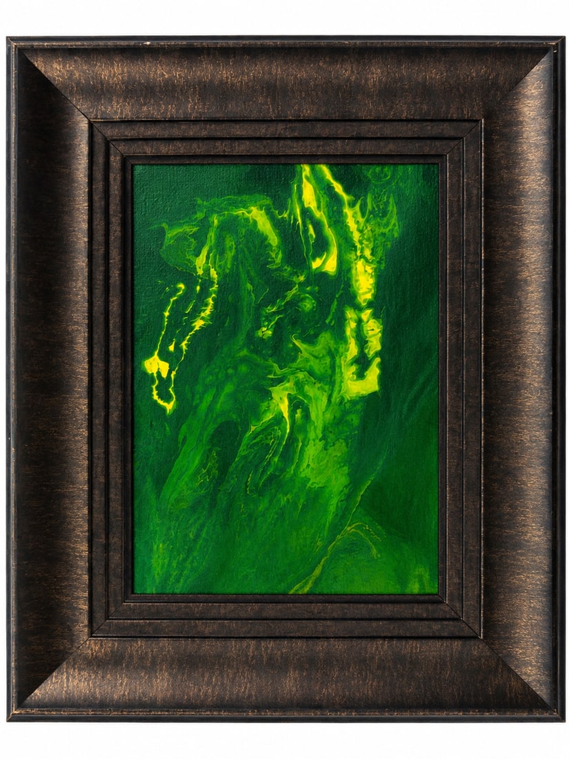 Spirit Rising: Spirit Rising evokes a spiritual energy slowly emerging from a deep and mysterious space. The dark greens represent the earth, grounding, and unseen dimensions, while the luminous yellow accents