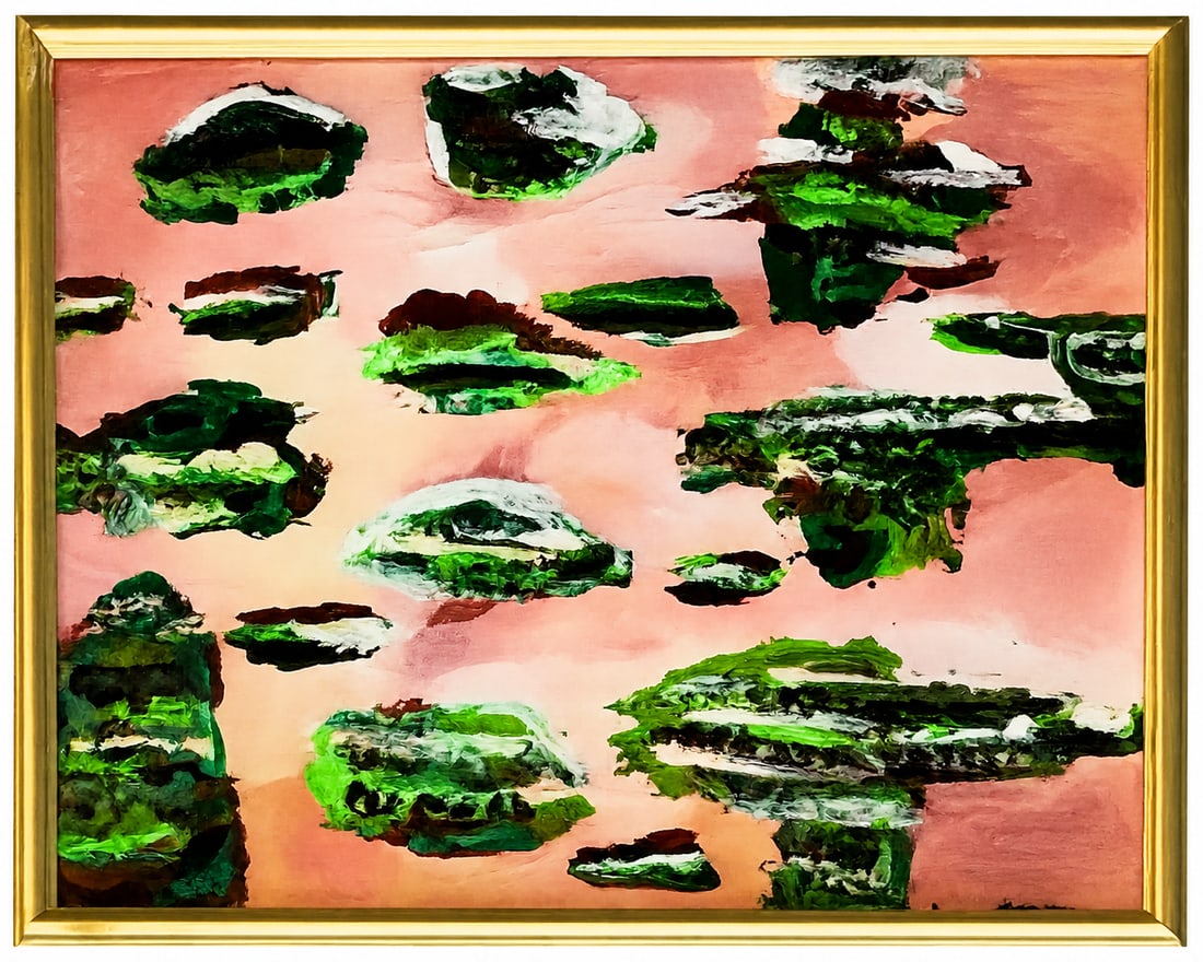Floating Emeralds: Floating Emeralds is an abstract composition built around organic, island-like forms suspended across a soft peach-toned background. Layers of deep green, white, brown, and black create texture and vi
