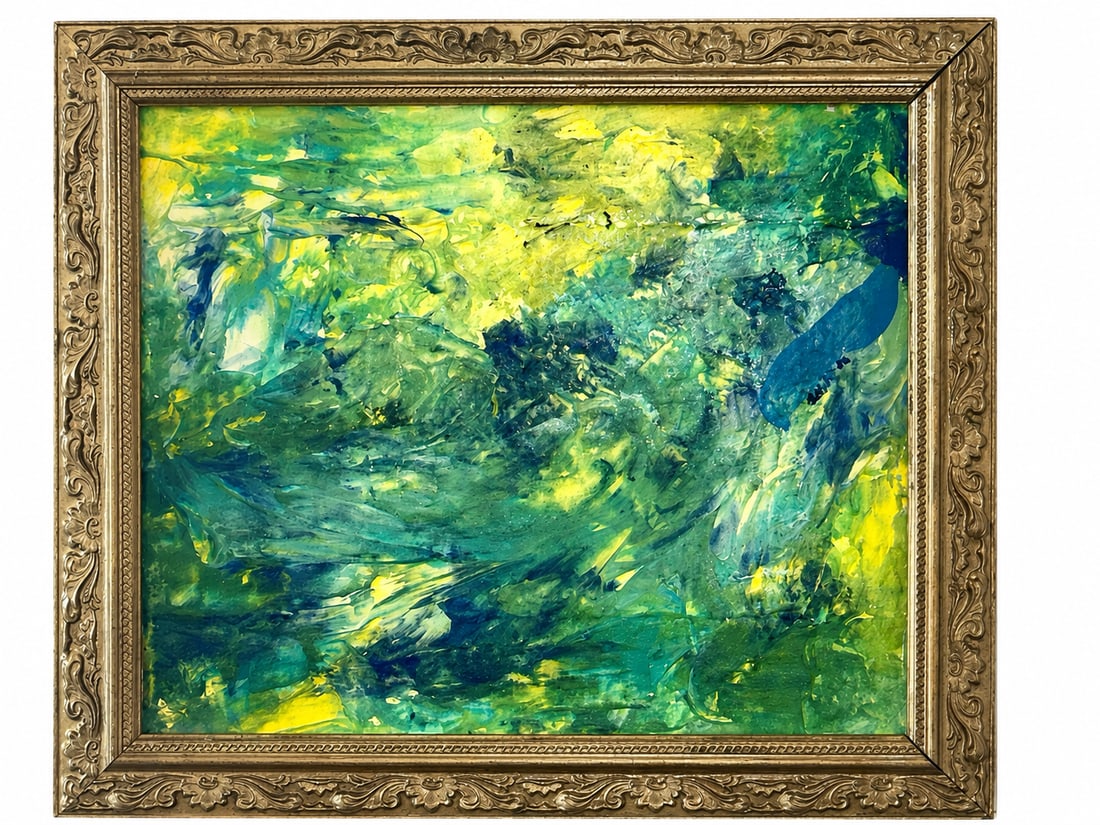 Breath of the Source: This work evokes a living energy in motion, like a sacred breath moving through matter. The shades of green, blue, and luminous yellow recall the meeting of water, earth, and vital force. The