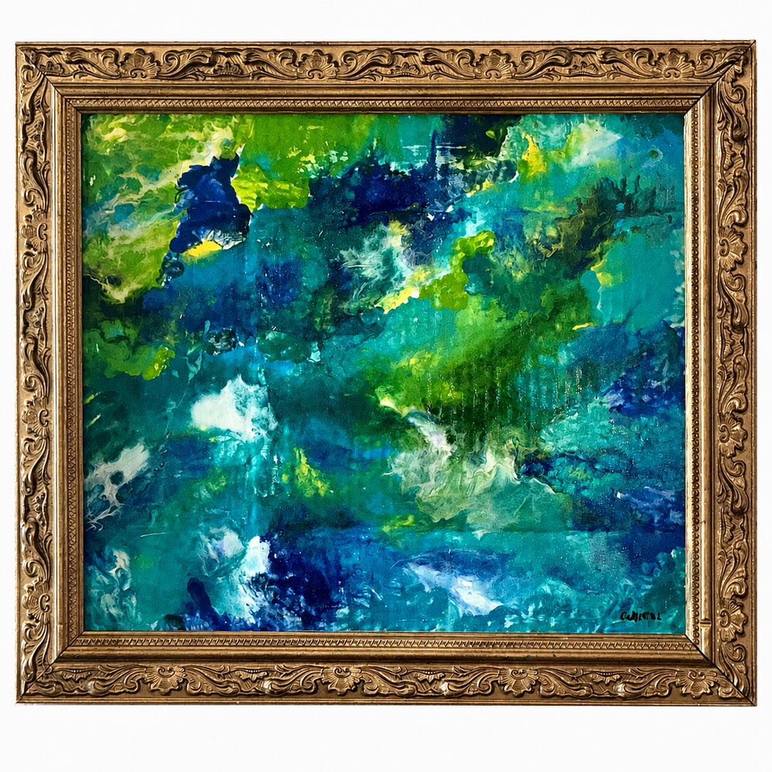 Portal of Sacred Waters: This composition opens onto a fluid and mystical world where water becomes a symbol of passage, protection, and transformation. The deep blues, luminous greens, and white currents evoke a spiritual