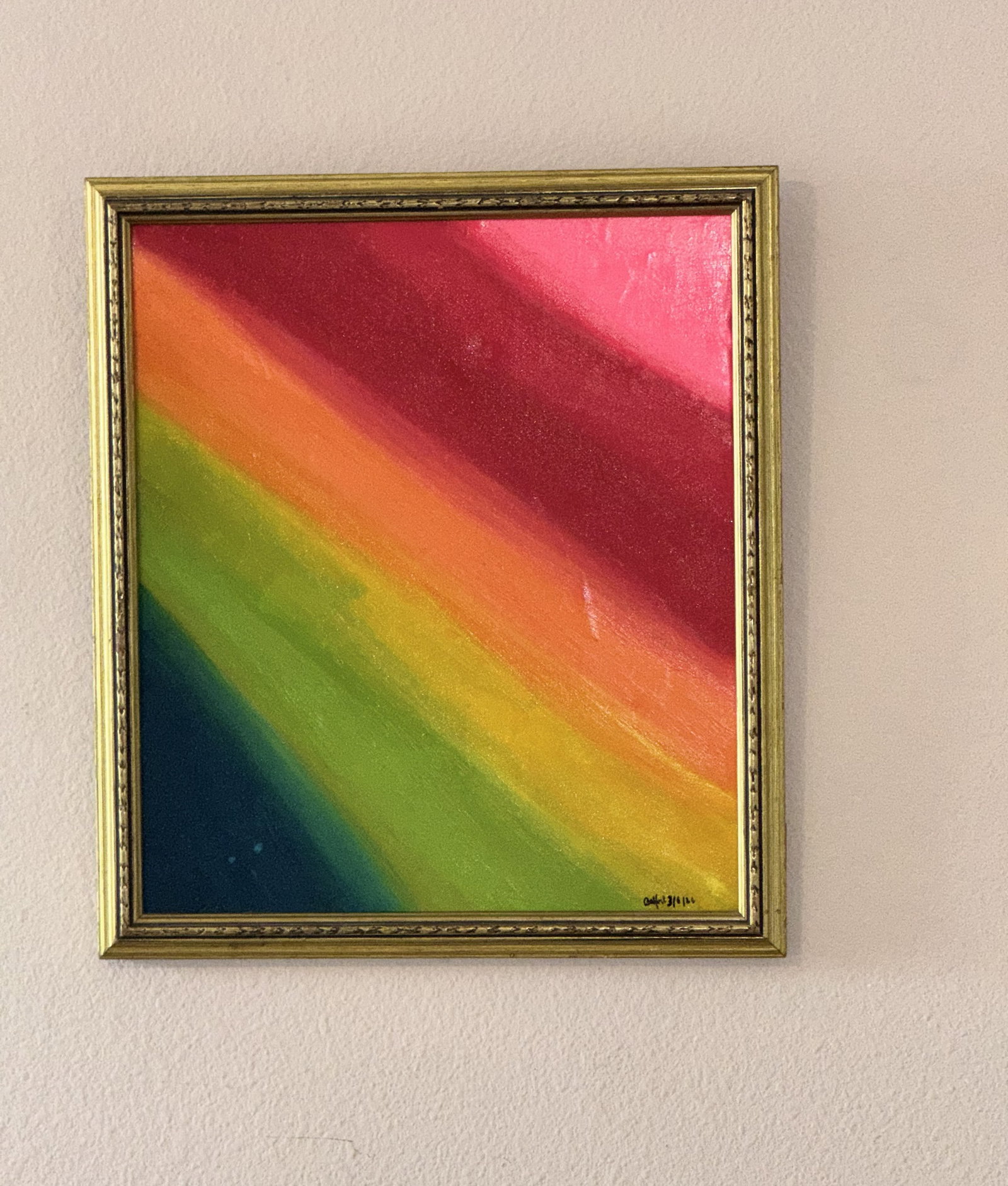 Arc of Joy: This abstract painting features a luminous gradient of colors flowing diagonally across the composition, moving from deep blue into green, yellow, orange, red, and pink. The smooth transition between