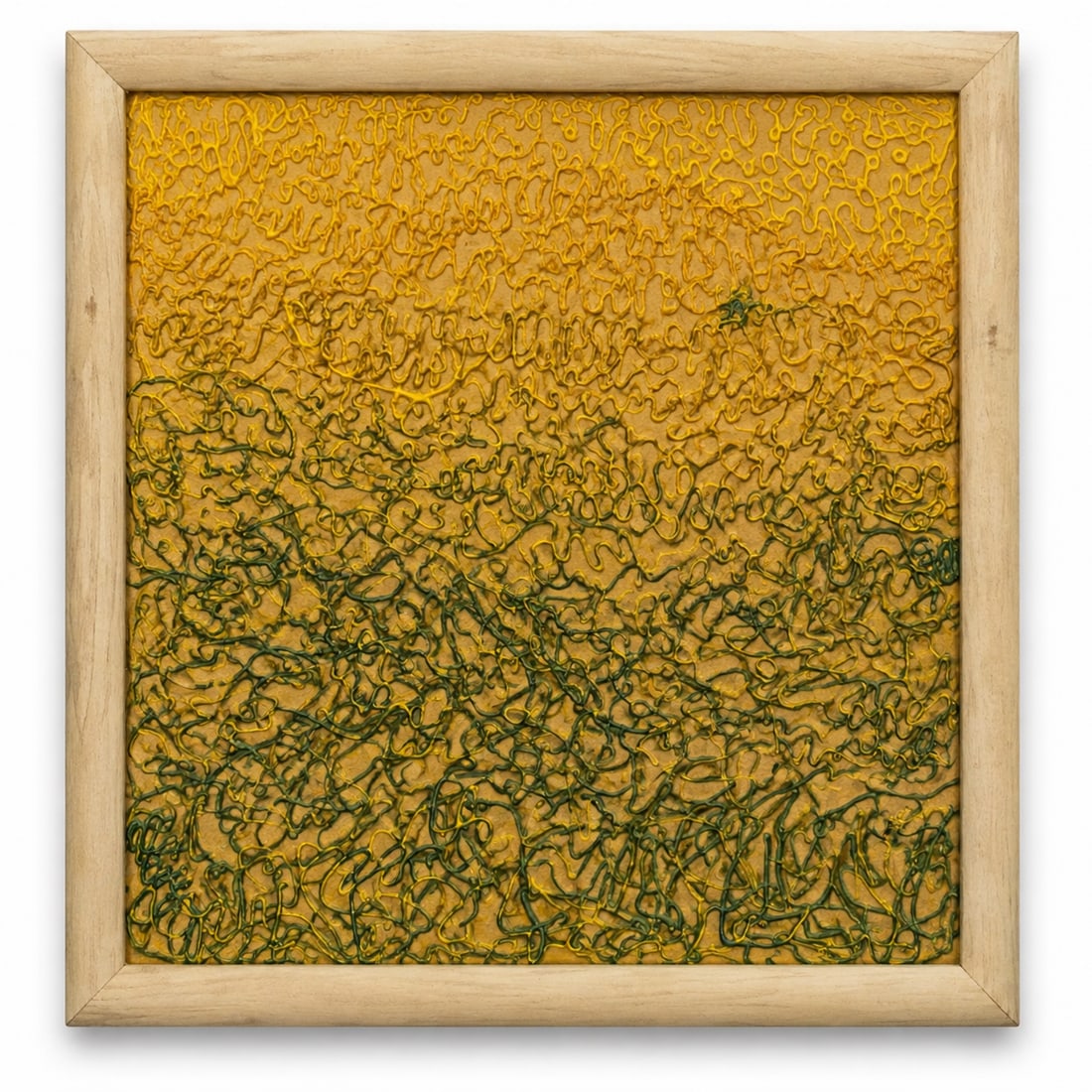 Threads of Light: Threads of Light is a textured abstract composition built from intricate raised lines in yellow, ochre, and deep green. The interwoven patterns create a dense visual network that moves across the