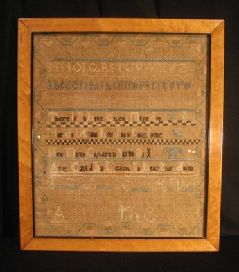 Early Alphabet Sampler Signed & Dtd 1822, Framed: Framed early alphabet sampler, signed 1822, in bird's eye maple frame, 16" x 14" overall.