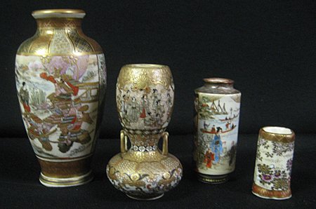 4 Miniature Japanese Satsuma Earthenware Vases: Four miniature Japanese Satsuma earthenware vases - all decorated with scenic panels, ranging from 1-3/4" to 5" high.