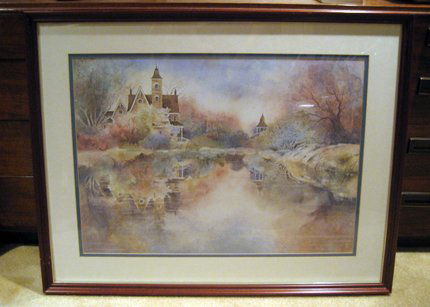 Framed limited edition print, landscape with hous: Framed limited edition print, landscape with houses, trees and lake, entitled "Gingerbread Summer", signed lower right in pencil and plate Teri Jonas #2/975, 28" x 36" overall.