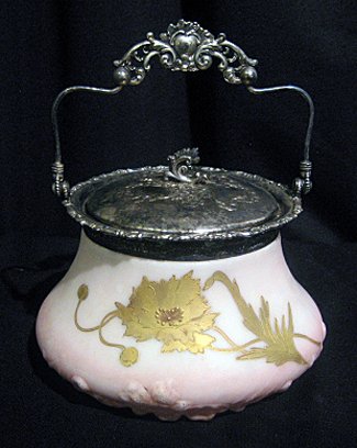 Pairpoint satin glass biscuit jar: Pairpoint satin glass biscuit jar decorated with hand painted gilded flowers and leaves, 5" high.